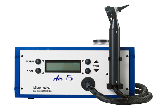 The device consists of a black irrigator, shaped similar to an otoscope. The irrigator is connected to the main unit, which is rectangular shaped. The edge of the main unit’s blue, while the front panel is grey. Beside a small digital display, there are buttons to choose either warm or cool, and to increase or decrease the time.