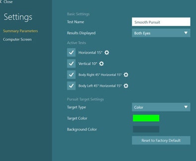 In addition to body right and body left, the smooth pursuit protocol has the following options. A dropdown menu to choose how the results are displayed, currently set to both eyes in this example. Enable or disable the normal horizontal and vertical smooth pursuit tests. A dropdown menu to choose the target type, currently set to color. Options to change the target and background colors. And finally, the option to reset the settings to factory default.