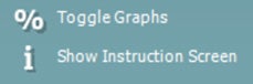 Percent symbol labeled with the action to toggle graphs. ‘i’ symbol labeled with the action to show instruction screen.