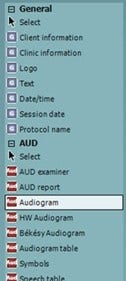 Two main categories: General and AUD. Under General, the following options are available: client information, clinic information, logo, text, date/time, session date, and protocol name. Under AUD, the following options are available: AUD examiner, AUD report, audiogram, HW audiogram, Békésy audiogram, audiogram table, symbols, and speech table.