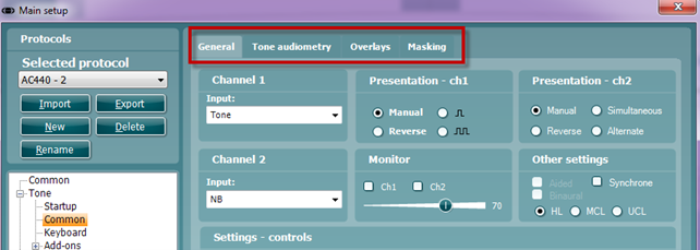 The tabs are the following. General, Tone audiometry, Overlays, and Masking.