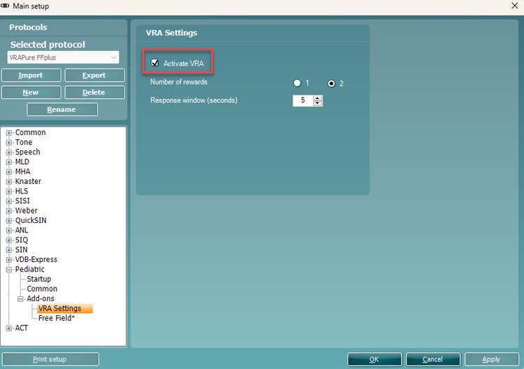 The following VRA settings are available. Activate or deactivate VRA. Choose between 1 or 2 rewards. Set the response window in seconds.