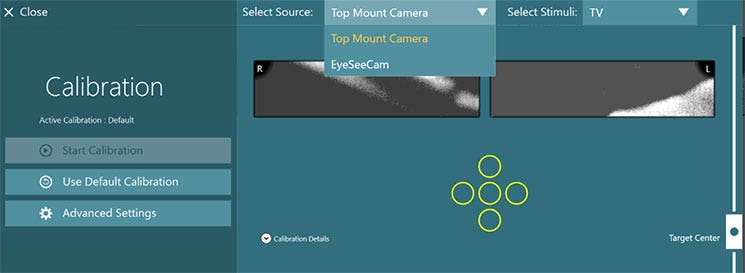 vHIT calibration screen, demonstrating camera source drop down list with two available options: top mount camera or EyeSeeCam.