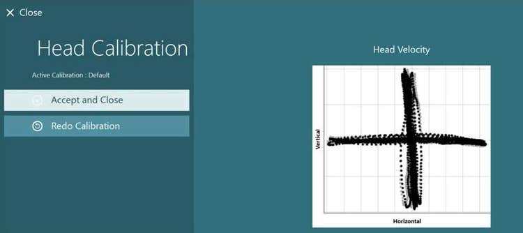 An almost perfect, perpendicular cross in the vertical and horizontal directions. Options to accept and close or redo calibration.