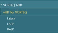 vHIT for VORTEQ test options, including lateral, LARP, and RALP.