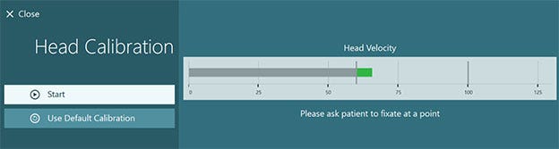 Head velocity bar in degrees per second with a grey line that starts at 0 and ends at about 60. The bar then turns green to indicate the head velocity is correct, between 60 and 100. The green bar peaks at about 65.