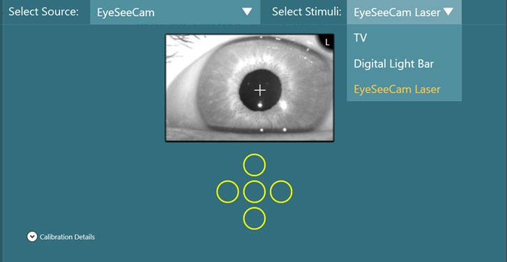 vHIT calibration screen, demonstrating stimuli source drop down list with three available options: TV, digital light bar or EyeSeeCam laser.