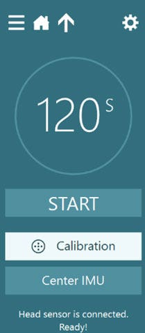 Calibration selection for VORTEQ sensor. The following is displayed: 120 seconds, start button, calibration button, center imu button, and a message which says: ‘Head sensor is connected. Ready!’.
