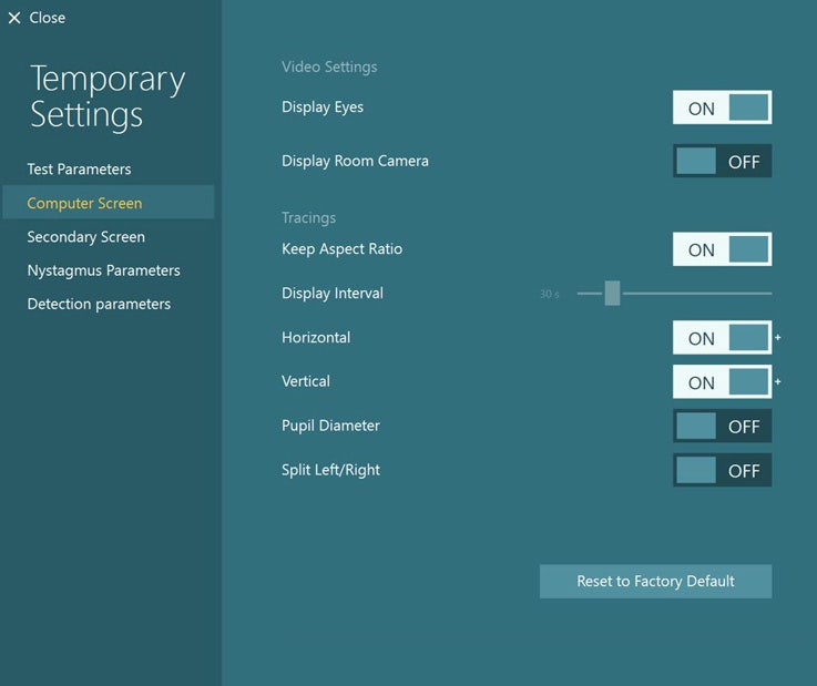 The ability to toggle Pupil Diameter on or off is located in the Computer Screen tab under Temporary Settings.
