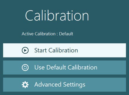 Calibration options, including start calibration, use default calibration, and advanced settings.