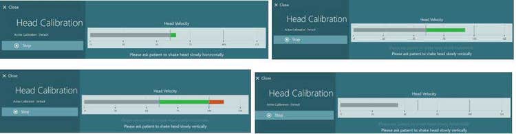 Four identical head calibration graphs, with head velocity in degrees as the sole, x-axis value. Two of the graphs have a green peak, indicating a correct head velocity. One has a red peak, indicating a too fast head velocity. The final is grey, indicating a too slow head velocity.