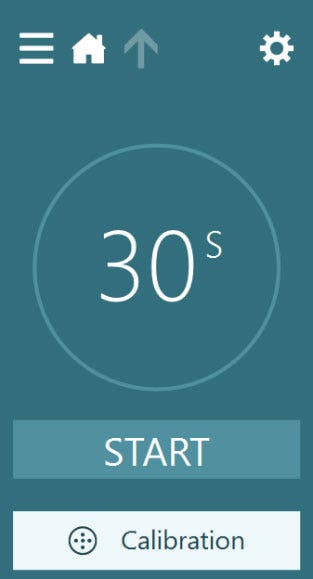 Menu, including burger menu icon, home icon, up arrow, cog, start button, and calibration button. 30s in a large font size in the middle of the menu.
