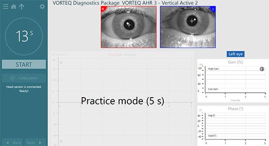 Vertical active subtest screen for VORTEQ active head rotation. Empty gain and phase graphs, and a greyed out eye position graph with the words 'Practice mode (5 s)'.