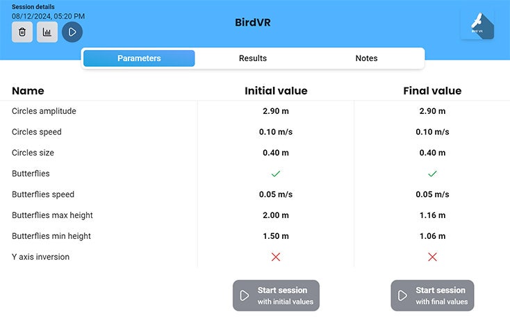 The software is displaying the initial and final values for the following parameters: Circles amplitude, Circles speed, Circles size, Butterflies, Butterflies speed, Butterflies max height, Butterflies min height, and Y axis inversion. The clinician can choose to start a new session with the previous initial values or the previous final values.
