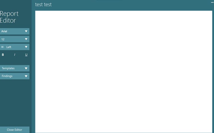 The user can also format the text in the following ways: font type, font size, text alignment, bold, italics, and underline. There are also two drop-down menus labeled templates and findings. Finally, there’s an option to close the editor.