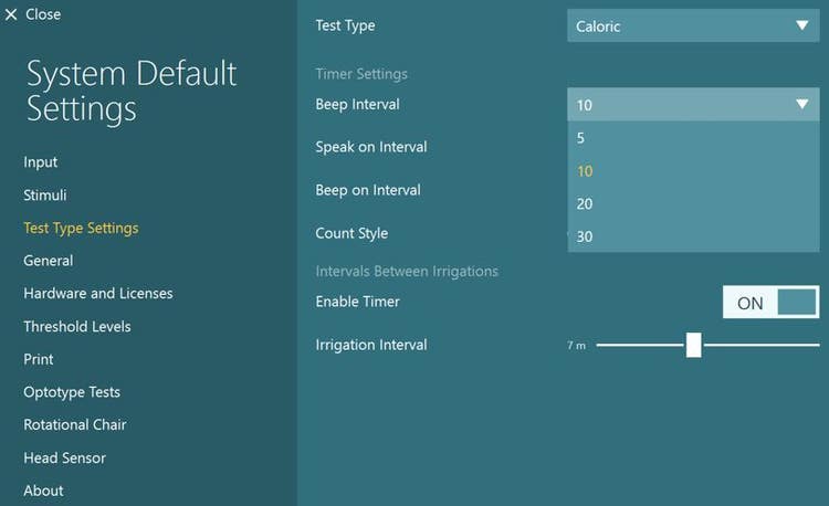 The following options are available. First, test type. This is set to caloric. Second, beep interval. This can be set to 5, 10, 20, or 30 seconds. Third, speak on interval. This can be either ON or OFF. Fourth, beep on interval. This can be either ON or OFF. Fifth, count style. This can be either Down or Up. Sixth, enable timer. This can be either ON or OFF. Seventh, irrigation interval. This is a slider that is set to seven minutes in the example.