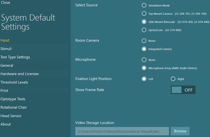 Beyond the option to toggle the fixation light position between left and right, the following options are available. First, select source, which can be simulation mode, top mount camera, side mount binocular, or EyeSeeCam. Second, room camera, which can be none or integrated camera. Third, microphone, which can be none or microphone array. Fourth, show frame rate, which can be either ON or OFF. Finally, the user can browse and select video storage locations.