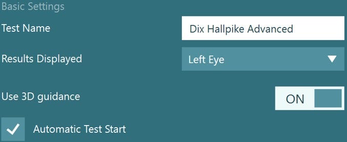 Basic settings for the Advanced Dix-Hallpike, allowing users to tick or de-tick Automatic Test Start.