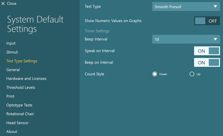 The following options are available. First, test type. This is set to smooth pursuit. Second, show numeric values on graphs. This can be either ON or OFF. Third, beep interval. This is set to 10 seconds. Fourth, speak on interval. This can be either ON or OFF. Fifth, beep on interval. This can be either ON or OFF. Sixth, count style. This can be either Down or Up.