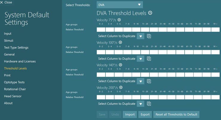 For the four velocities of 75, 100, 140, and 200 degrees per second, the user can input the relative threshold for the following age groups: 0 to 2, 3 to 4, 5 to 6, 7 to 8, 9 to 10, 11 to 20, 21 to 30, 31 to 40, 41 to 50, 51 to 60, 61 to 70, 71 to 80, 81 to 90, and 91 and above. The user can also import or export threshold levels or reset all thresholds to default.
