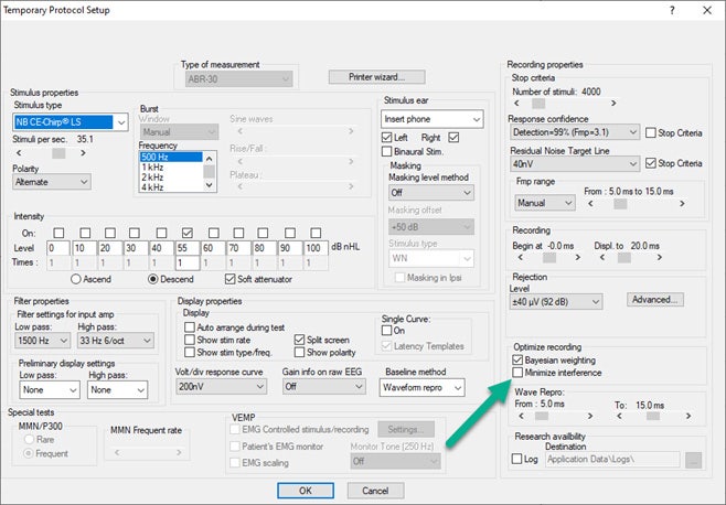 Temporary protocol setup with many options to tweak the protocol. Under ‘Optimize recording’, there are the options to enable Bayesian weighting and the minimize interference function.
