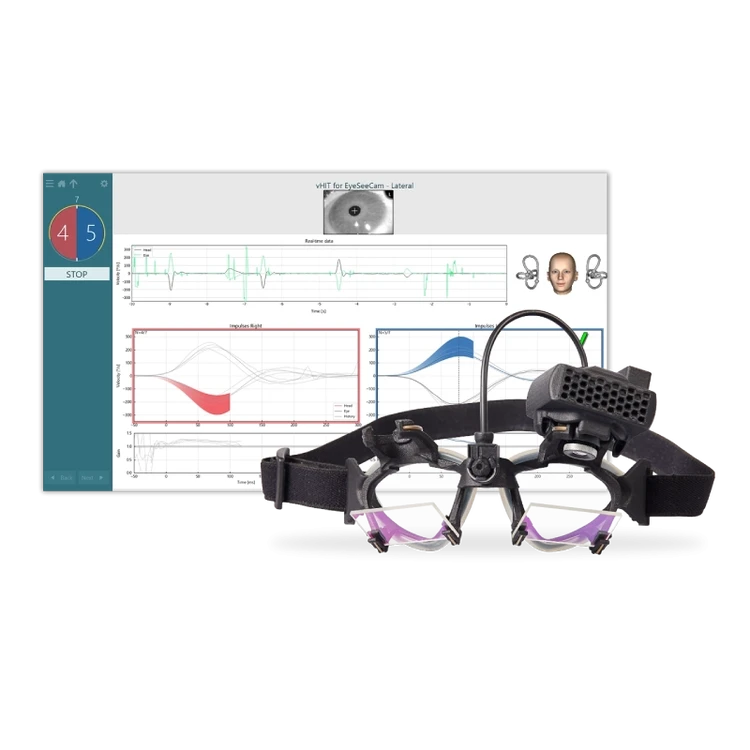 EyeSeeCam vHIT goggle in front of vHIT software screen