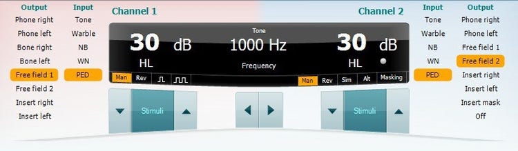 Test overview in Diagnostic Suite, with 'PED' marked in orange for channels 1 and 2.