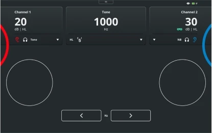 Pure tone audiometry test screen with the Touch Keyboard. For channels 1 and 2, it is possible to change the stimulus level and type. The frequency is displayed toward the top, with buttons below to decrease or increase the frequency