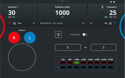 Pediatric (VRA) test screen with the Touch Keyboard. For channels 1 and 2, it is possible to change the stimulus level and type. There are buttons to reward right or left, enable conditioning, and change the frequency level. Finally, there is a table showing the scored hearing threshold for each ear and for each frequency
