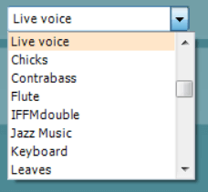 List of sounds, including live voice, chicks, contrabass, flute, IFFMdouble, jazz music, keyboard, and leaves.