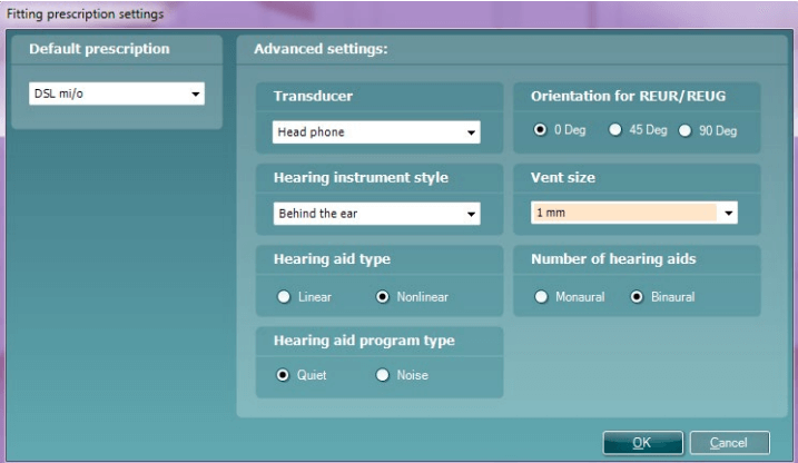 Fitting prescription settings window. The default prescription is set to DSL mi/o. The following advanced settings are available: 1) Transducer, which is set to head phone. 2) Hearing instrument style, which is set to behind the ear. 3) Hearing aid type, which can be set to linear or non-linear. 4) Hearing aid program type, which can be set to quiet or noise. 5) Orientation for REUR/REUG, which can be set to 0, 45, or 90 degrees. 6) Vent size, which is set to 1 mm. 7) Number of hearing aids, which can be set to monaural or binaural.