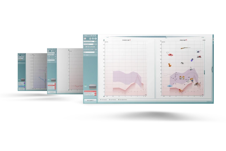 Three screens from the Affinity Suite. Visible speech mapping module shown most clearly.