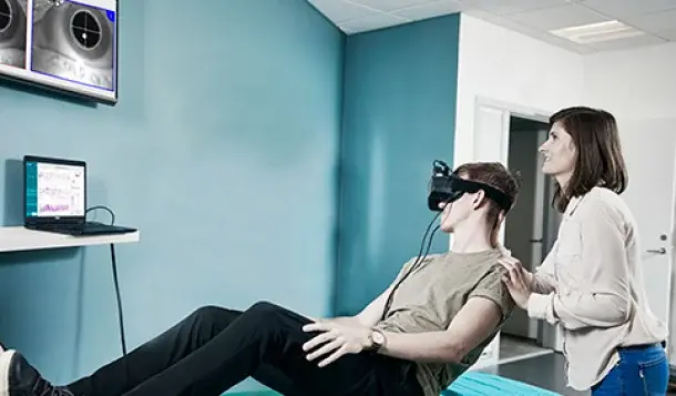 VisualEyes videonystagmography software on screen during a balance assessment