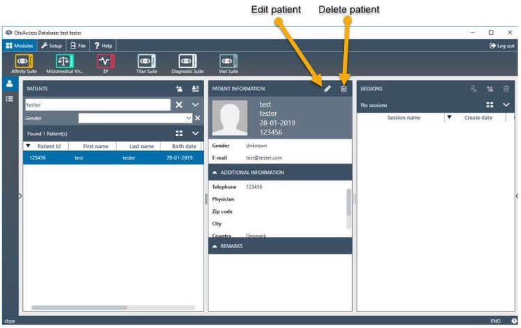 Patient overview screen in OtoAccess Database, displaying with yellow arrows where to edit and delete patients