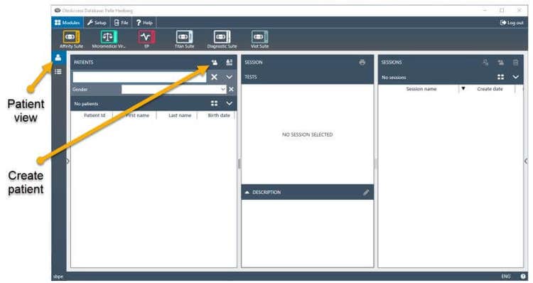 Patient overview screen in OtoAccess Database, displaying with yellow arrows where to access this screen and where to create a patient