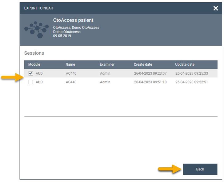Two sessions are available in this example, both of which are tests in the AC440 audiometry module.