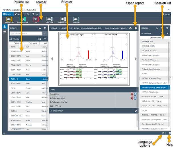 OtoAccess Database software screen, displaying with yellow arrows where to find the following: patient list, toolbar, preview, open report button, session list, language options button, and a help button