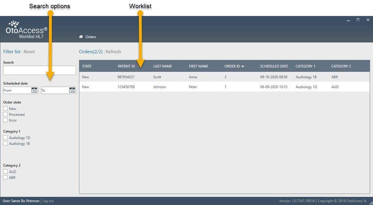 OtoAccess Worklist HL7 patient and appointment information. Search options on the left are indicated by a yellow arrow. The following search options are available: search field, scheduled date, order state, category 1 and category 2. The rest of the screen is populated with the actual patient appointment information, denoted 'worklist', including the following: state, patient id, last name, first name, order id, scheduled date, category 1 and category 2.