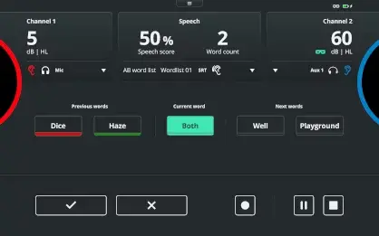 Speech test screen with the Touch Keyboard. For channels 1 and 2, it is possible to change the stimulus level. A speech score is displayed alongside the word count and word list. Below, there are previous words labeled red if the response was incorrect and green if the response was correct. The current word is highlighted in the middle with the next words displayed to the right. At the bottom, the user can score correct or incorrect using the checkmark and cross buttons, respectively. There are also the options to pause or stop the test